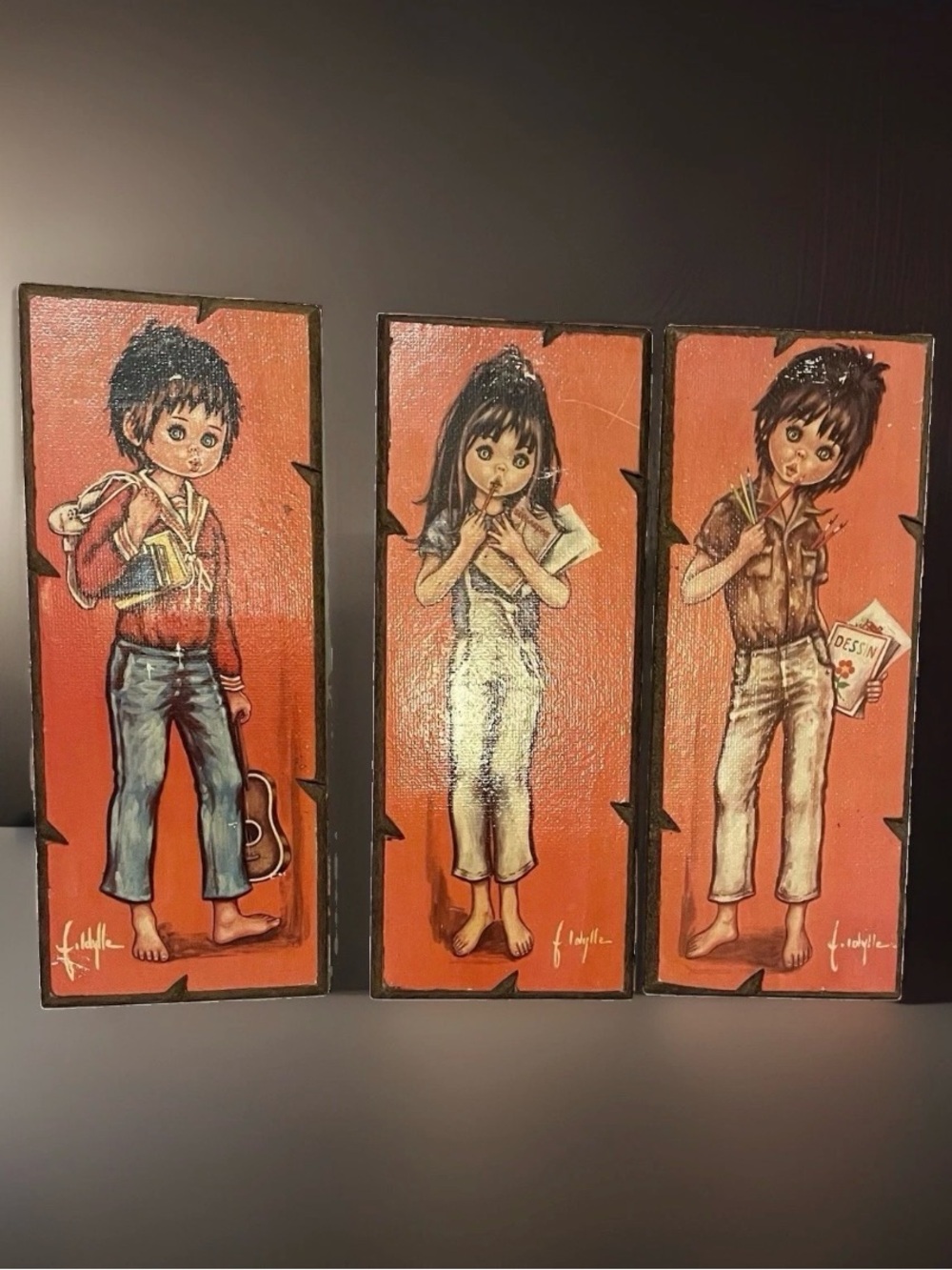 Vintage Jolylle F Idylle "Big Eyed Children" Wall Art Plaque Crafted In Italy